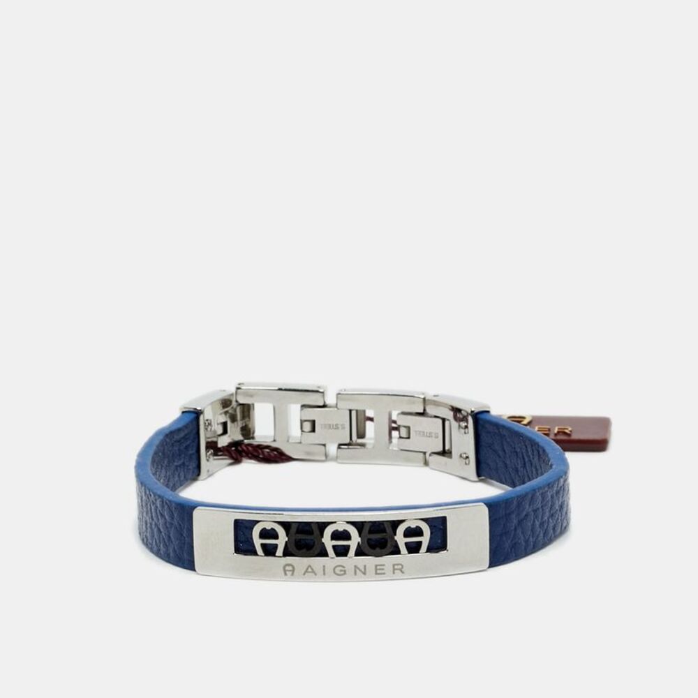 Aigner Logo Leather Gunmetal Tone Stainless Steel Bracelet